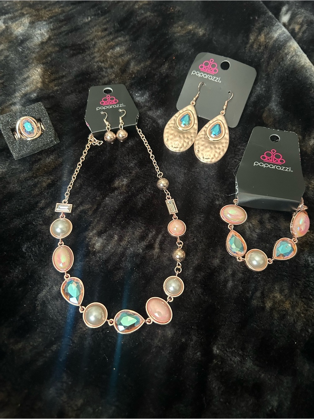 paparazzi Rose Gold Necklace and Bracelet Set with Aqua and Pink Stones